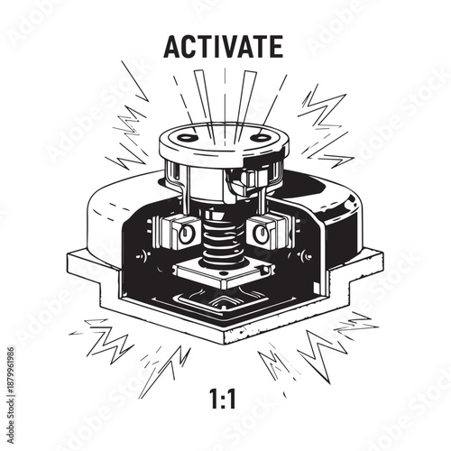 Illustration of a push button with the word ACTIVATE, symbolizing action, initiation, and technology