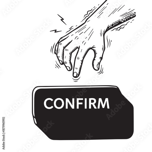 Close-up hand pressing the CONFIRM button, representing decision making, action, and commitment in a business or technology context.