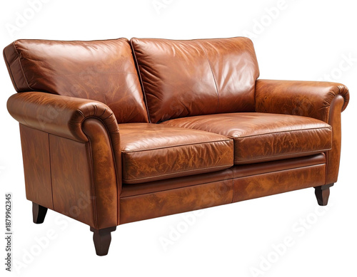 Brown leather sofa isolated on a transparent background