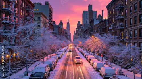 new york city, snow-covered streets with the empire state building in view at dusk, cars driving on snowy streets, trees lined up along both sides of the city road filled with snow, and buildings on e