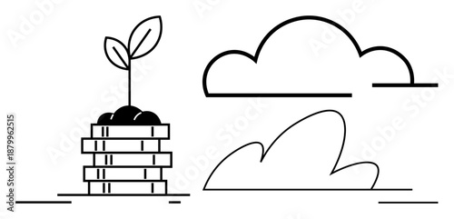 Environmental sustainability, financial growth, eco-friendly investment, nature conservation, green finance, wealth accumulation. Plant sprout on coins, cloud and bush outline. Environmental