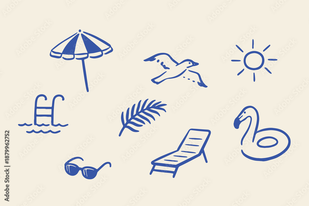 Obraz premium Beach pool summer icons hand drawn sketch vector illustration