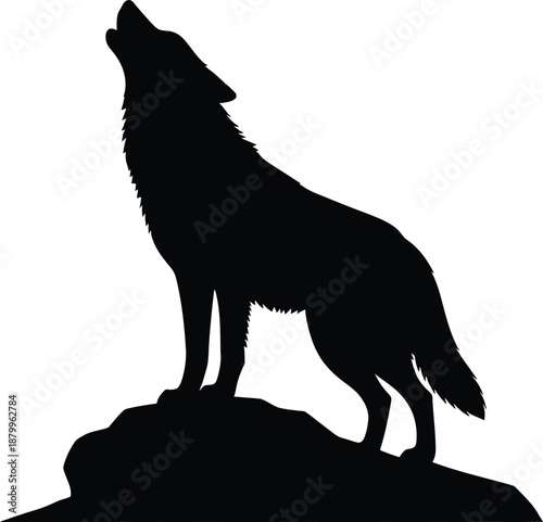 A striking black silhouette of a lone wolf howling fiercely atop a rock formation