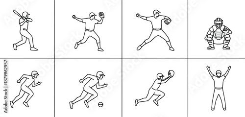 Line art illustrations showing different positions and actions in a baseball game