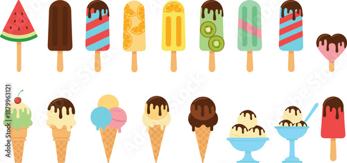 Collection of Colorful Summer Dessert Icons Featuring Fruit Popsicles Chocolate Dipped Bars and Assorted Ice Cream Cones in Detailed Flat Vector Illustration Set.