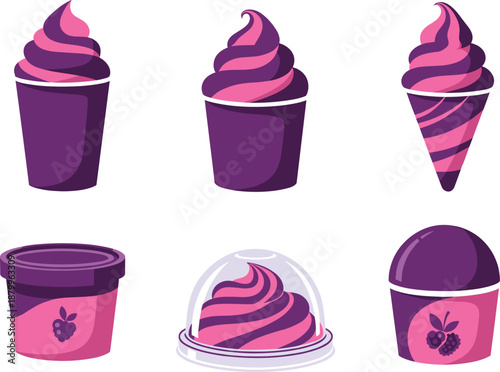 Collection of Purple Berry Soft Serve Ice Cream Icons Featuring Swirled Cones Cups Tubs and Sundae Designs in Detailed Flat Vector Illustration.