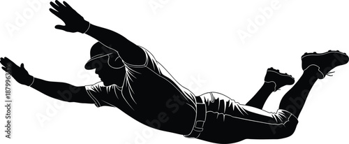 A striking silhouette illustration captures the intense moment of a baseball player making a spectacular diving catch