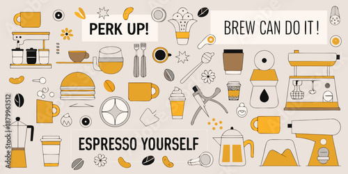 Coffee elements and inspirational phrases in a colorful illustrative arrangement