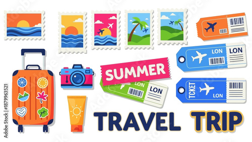 Vibrant travel stickers and icons with suitcase tickets and summer vibes for adventure and vacation planning handmade illustration vector