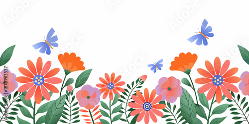 Floral border with orange and pink blossoms and fluttering blue butterflies