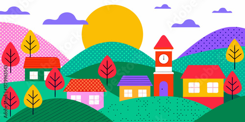 A colorful illustration depicts a whimsical village with rolling hills and a bright sun