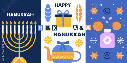 Festive hanukkah graphic with menorah gifts and celebratory decorations
