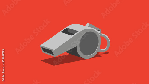 Classic silver sports whistle with a loop for a lanyard casting a subtle shadow on a vibrant solid red background symbolizing authority decision and the start of action handmade illustration vector