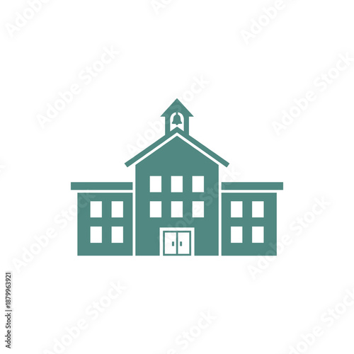 Minimalist flat design icon of a classic school building featuring a prominent bell tower, representing educational institutions and learning environments