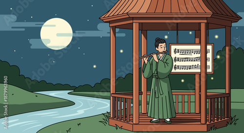 Woman playing musical instrument on gazebo.