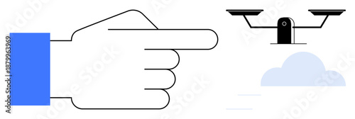 Technology, automation, remote control, innovation, navigation, delivery systems. A hand pointing toward a flying quadcopter in simple modern design. Technology and automation concepts