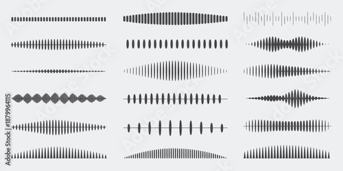 Photography Black podcast sound wave patterns, digital frequency amplitude bars for audio visualization, media interface design, music players, recording apps, and broadcast graphics on white background