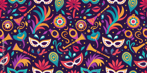 A vibrant seamless pattern featuring colorful carnival masks instruments and feathers