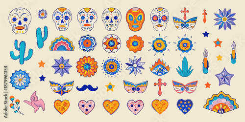 Colorful day of the dead sugar skulls and floral elements collection