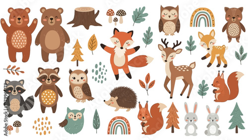 Whimsical forest animals with trees leaves and rainbows on white background handmade illustration vector