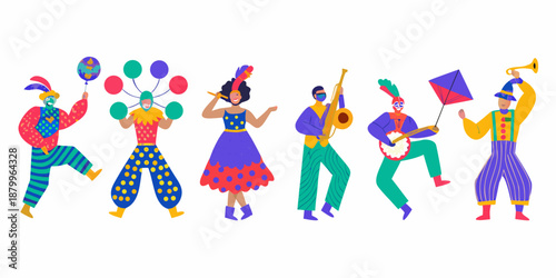 A vibrant illustration of a festive carnival parade with performers and music