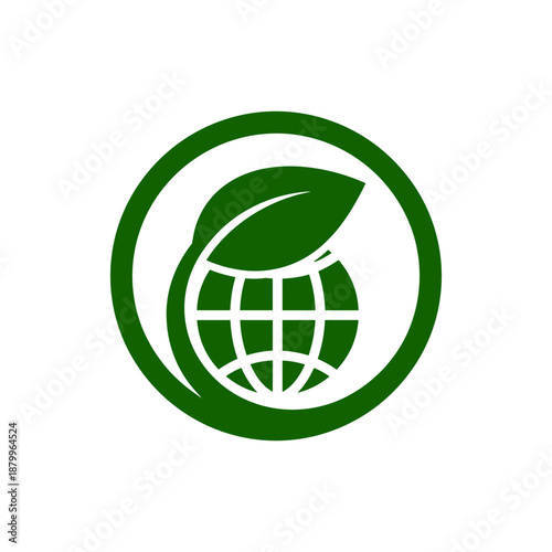 Eco-friendly globe with a fresh green leaf embracing the planet, symbolizing global sustainability and environmental care, all enclosed in a harmonious circular design