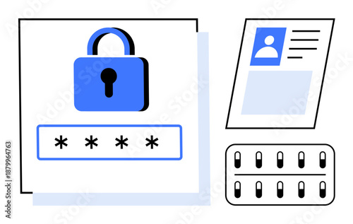 Data security concept. Data security with lock, password input, ID card, and keypad symbols. Data security ensuring privacy, access control, and cybersecurity. For technology identity verification