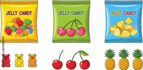 Collection of Colorful Jelly Candy Packaging Featuring Fruit Flavors Like Cherry and Pineapple with Gummy Bear and Fruit Icons in Flat Illustration.