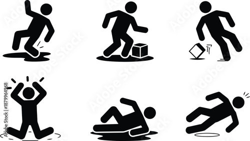 Set of black silhouette icons illustrating various common scenarios of people slipping and falling