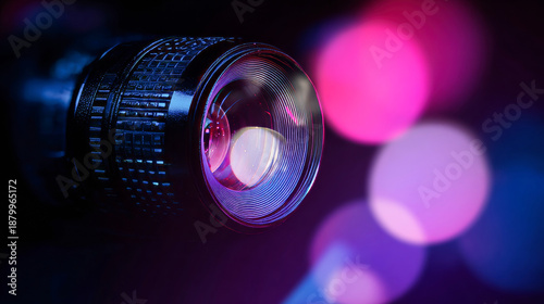 Close-up of a camera lens with colorful bokeh lights on a dark background