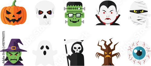 Halloween horror icons set featuring pumpkin, skull, vampire, witch, ghost, grim reaper and spooky monsters, flat vector illustration