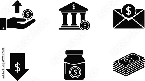 Minimal black finance icons set illustrating banking, payments, savings, investments, cash flow concepts isolated on white background clean
