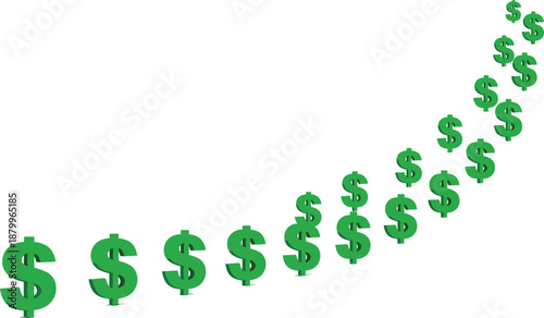 Rising dollar symbols illustrating financial growth, profit increase, investment success, wealth accumulation, and positive economic trend on white background