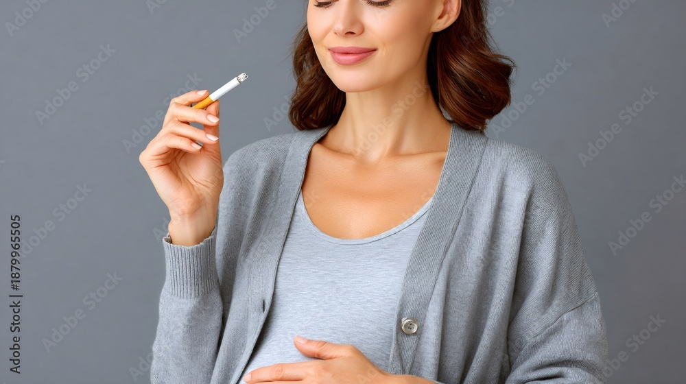 Obraz premium Pregnant woman smoking cigarette risking baby health and development