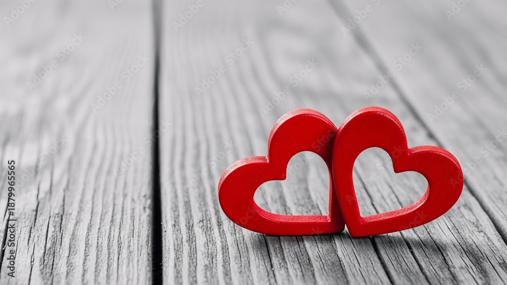 Fototapeta premium Red heart shapes, love symbols, wooden background, Valentine's Day icons, romantic decorations