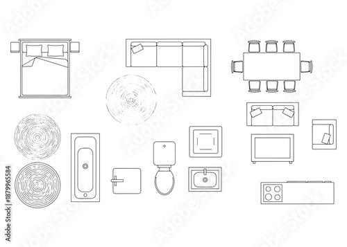 Top View Furniture Outline Icons – Architectural Floor Plan Vector Set