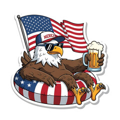 Funny Patriotic Eagle Mascot Relaxing on a Flag Inflatable Tube with a Mug of Beer