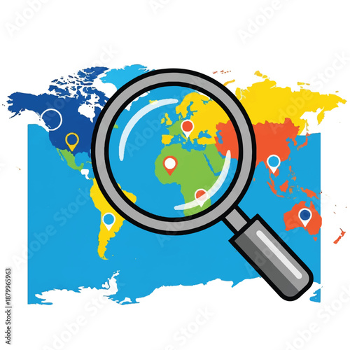 Magnifying global locations on a colorful world map with pins and a magnifying glass