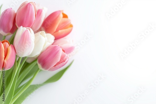 A bouquet of vibrant pink and white tulips, perfect for spring decorations and celebrations.
