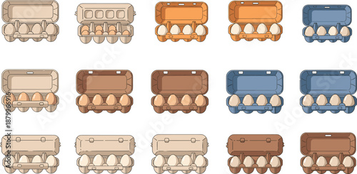 Collection of Open Egg Carton Icons Featuring Various Colors and Designs with White and Brown Eggs in Detailed Flat Vector Illustration Set.