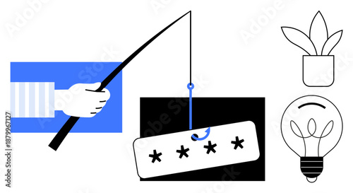 Cybersecurity, phishing attacks, online fraud, password protection, digital security tactics, tech education. A fishing hook snagging a password. Cybersecurity and phishing attack concept