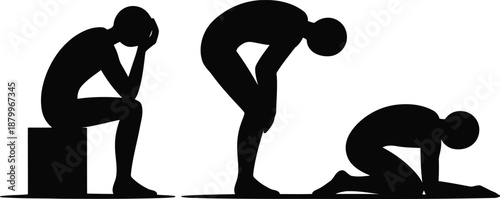 Silhouettes depict a person experiencing emotional pain, shown seated on a block, bending, and kneeling