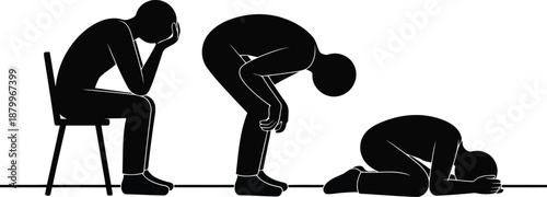Silhouettes depict a person experiencing emotional pain, shown seated on a chair, bending, and kneeling