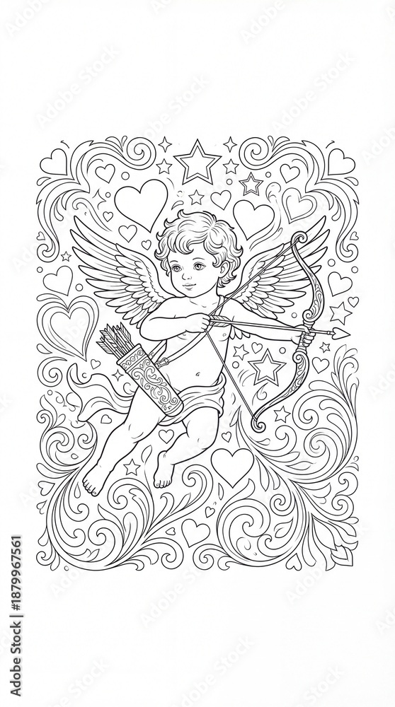 Fototapeta premium Cute Angel with Bow and Arrow Surrounded by Hearts and Stars