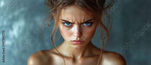 A woman with a tense gaze and pursed lips conveys a state of anger, making her an ideal expressive backdrop for illustrating conflicts or psychological studies.