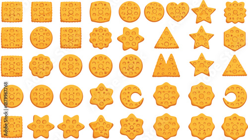 Collection of Golden Brown Cracker Icons Featuring Various Geometric Shapes Like Stars Circles Squares Hearts and Triangles in Detailed Flat Vector Illustration Set.