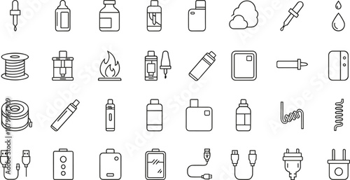 Collection of Electronic Cigarette and Vaping Accessary Icons Featuring Vape Pens Mod Kits E-liquid Bottles Coils and Charging Cables in Line Art Vector.