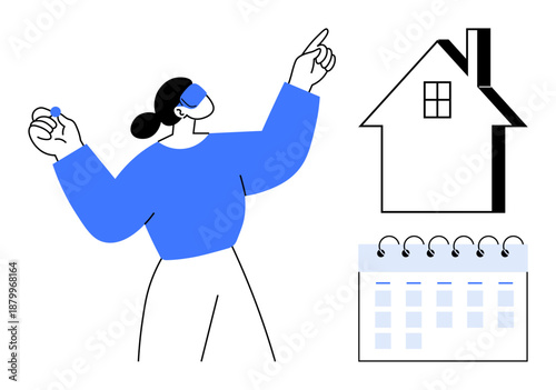 Real estate planning, housing schedules, property management, time management, financial planning, home organization. Woman pointing to house and holding a date marker. Real estate and planning