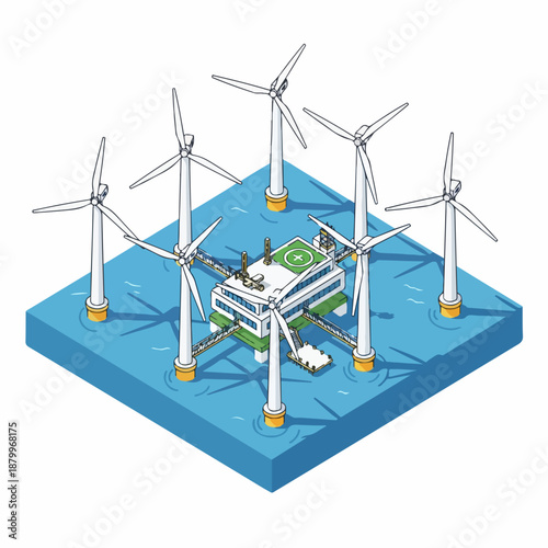 Isometric Detailed Offshore Wind Farm Renewable Energy Source Illustration
