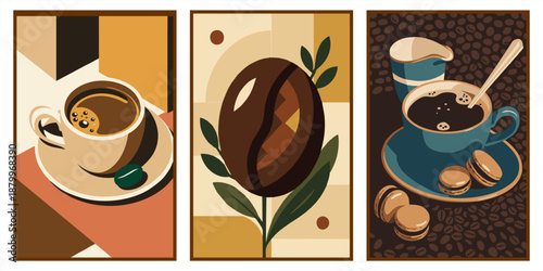 Coffee lover illustration set. Abstract coffee cup, beans, and cookies in warm retro tones. Minimalist cafe culture wall art flat vector design